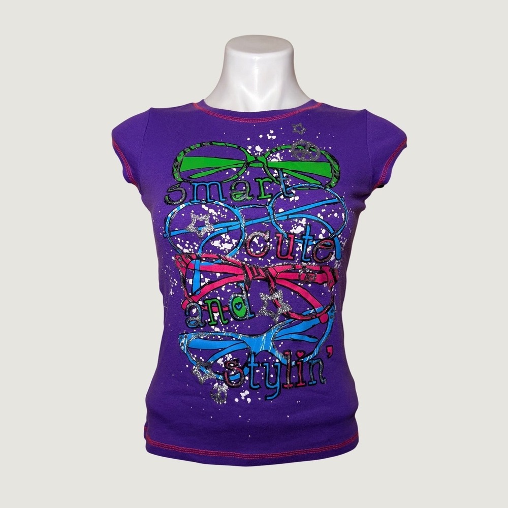 Y2K Beautees Scene Graphic Baby Tee Smart Cute and Stylin Glasses Glitter #16
